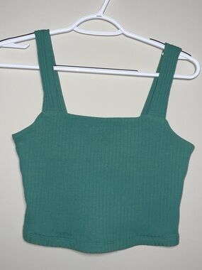 American Eagle S Teal Ribbed Square Neck Cotton Blend Cropped Tank Top